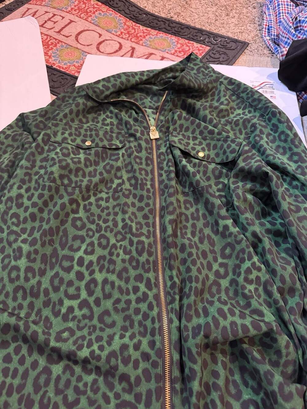 MICHAEL Michael Kors Green Leopard Print Zip-Up Blouse